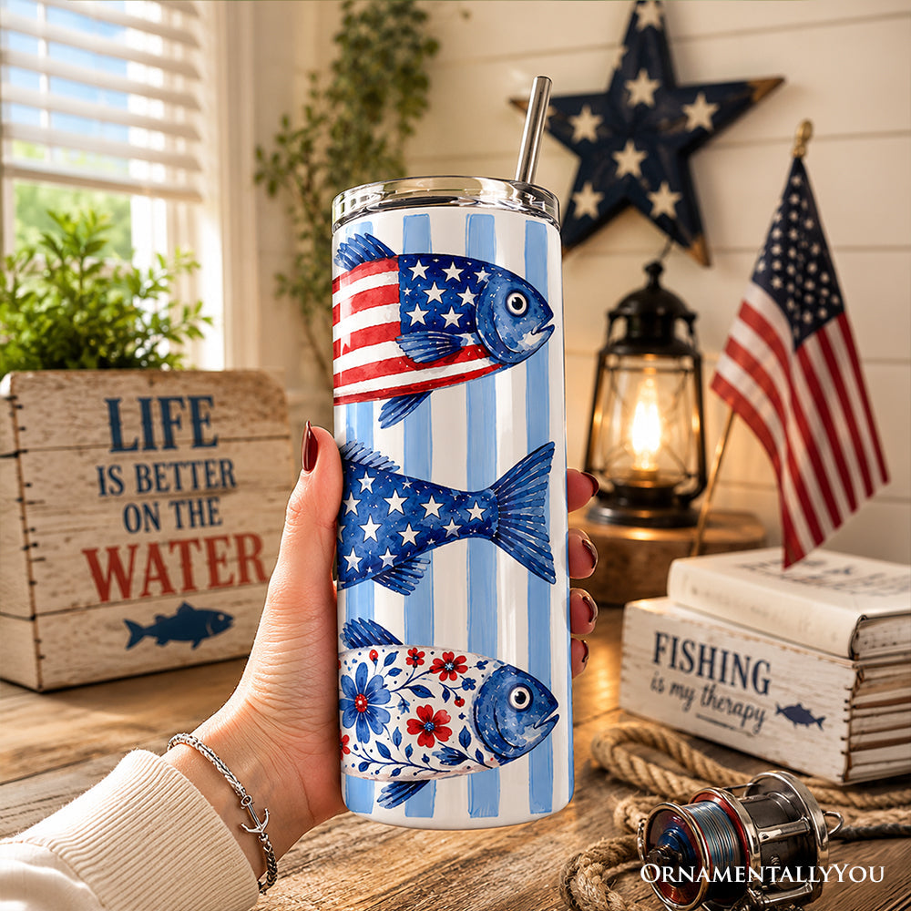 Patriotic Fish Stripe 20oz Personalized Tumbler With Lid and Stainless Steel Straw, 4th of July Angler Gift Cup