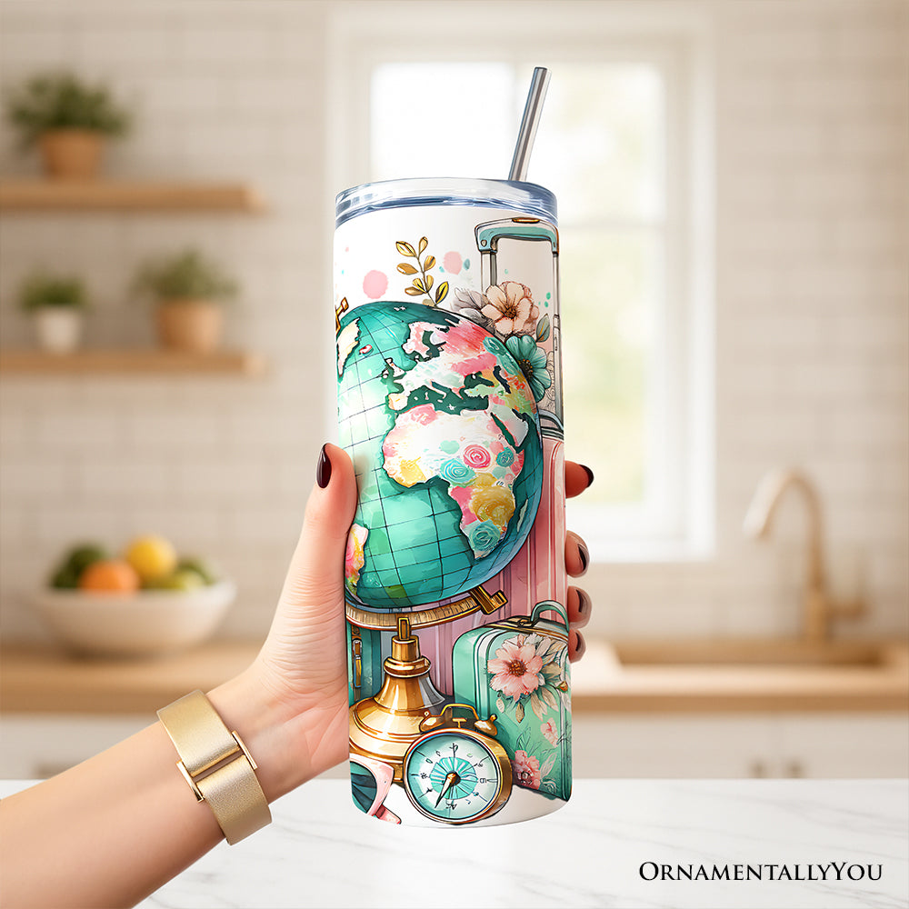 Pink and Teal Wanderlust Girl 20oz Personalized Tumbler With Lid and Stainless Steel Straw, Floral Traveler Adventurer Gift Cup
