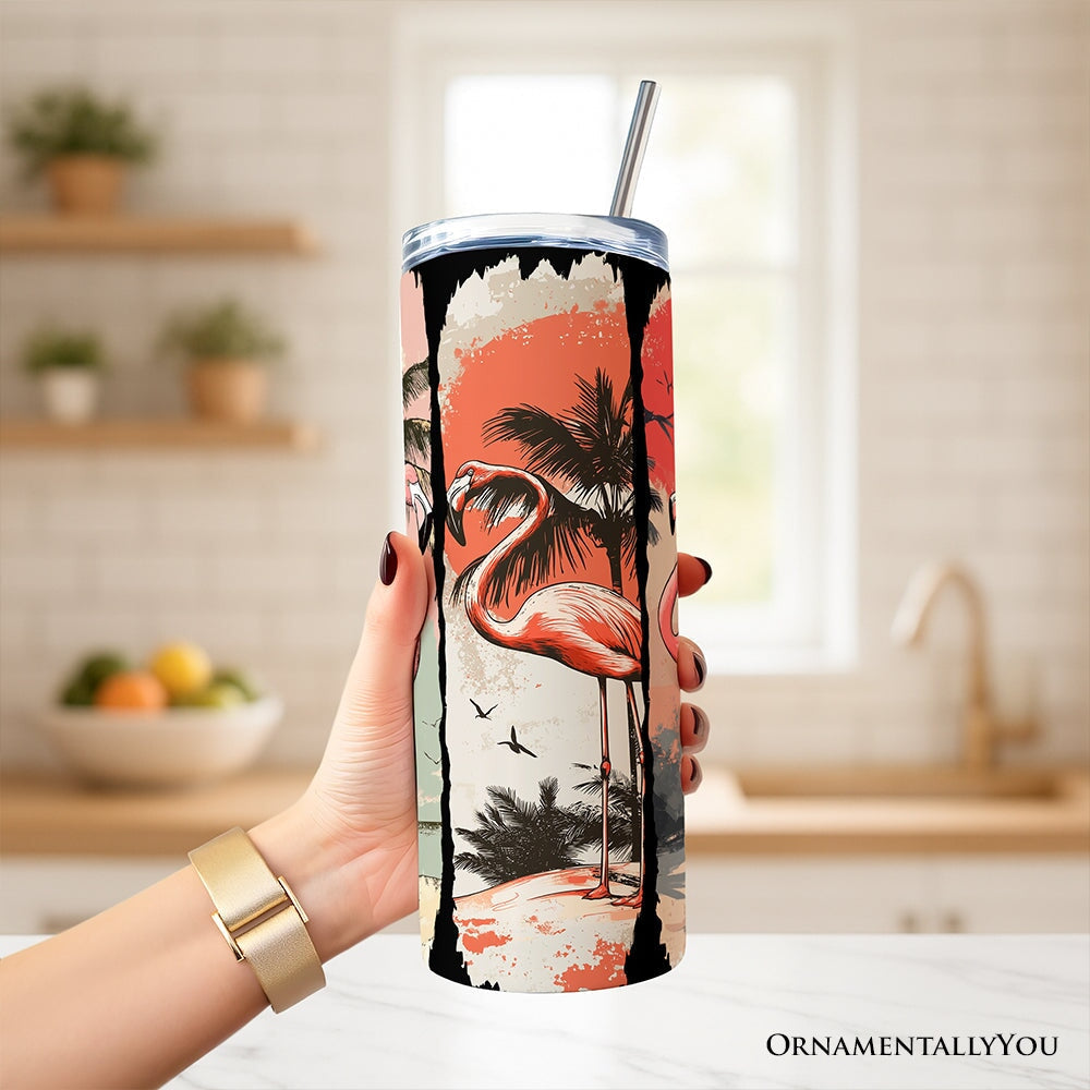 Retro Flamingo Beach 20oz Personalized Tumbler With Lid and Stainless Steel Straw, Summer Vacation Sunset Gift Cup