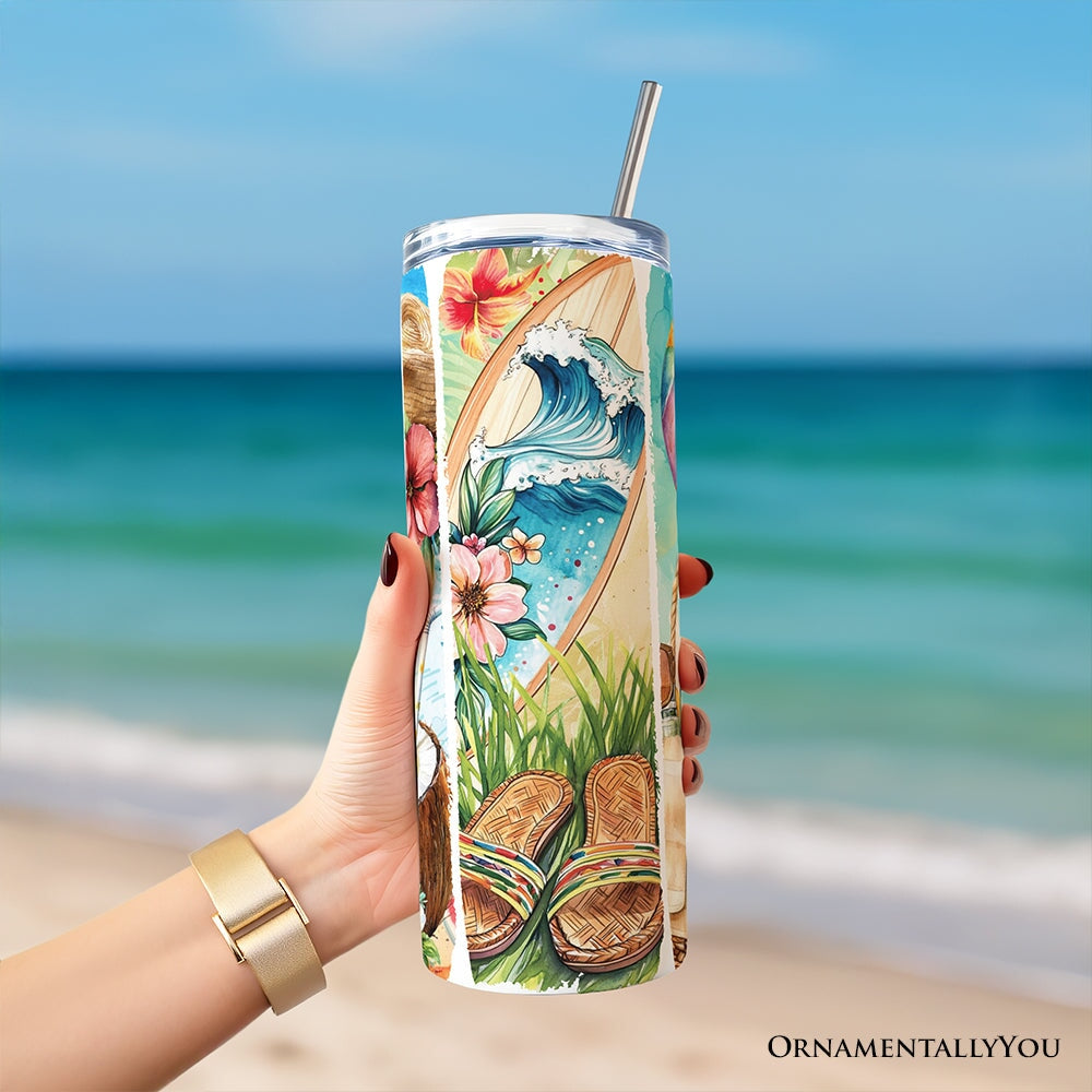 Summer Vibes 20oz Personalized Tumbler With Lid and Stainless Steel Straw, Brushstrokes Beach with Coconut and Flowers Gift Cup