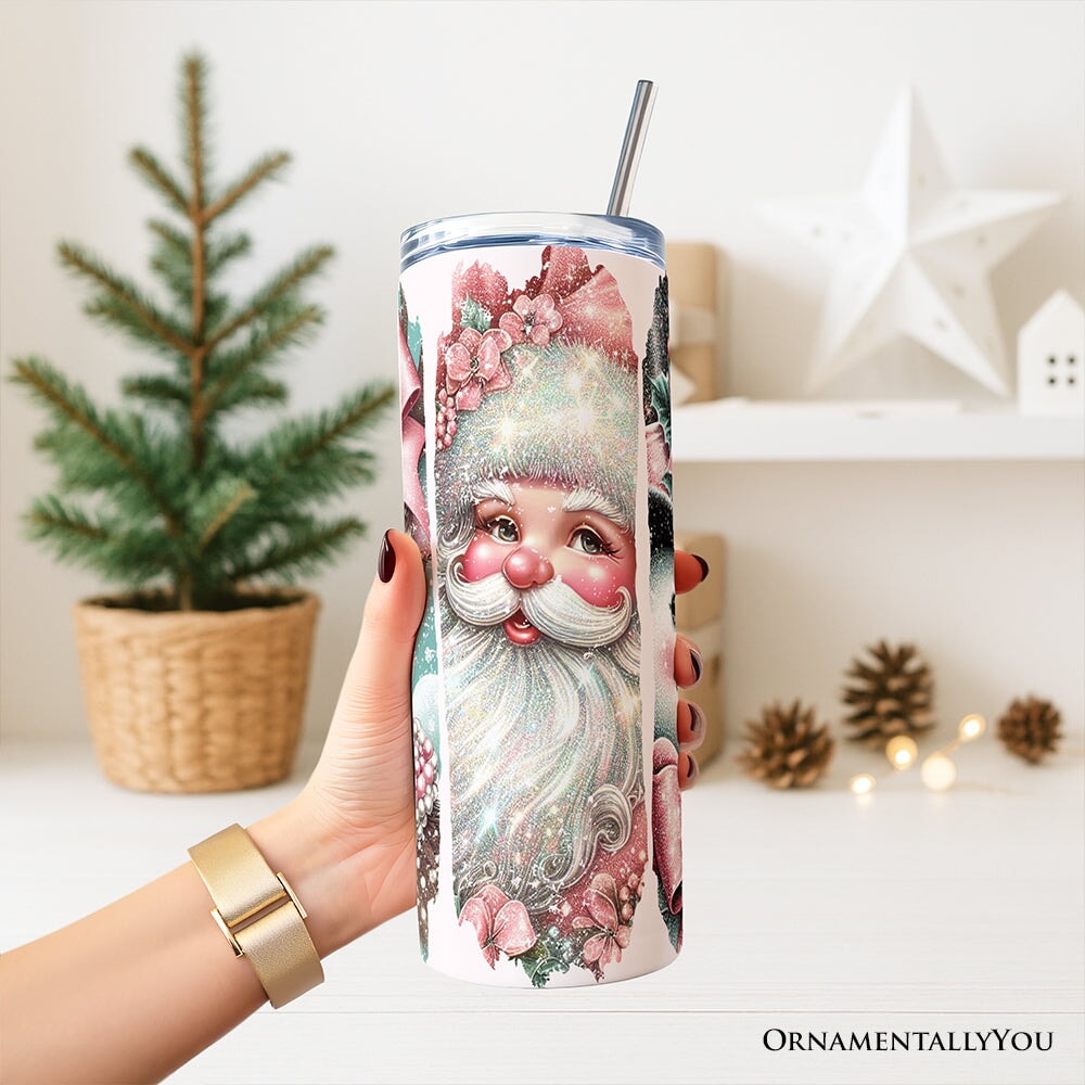 Vintage Tree, Reindeer, Santa and Snowman 20oz Personalized Tumbler With Lid and Stainless Steel Straw, Coquette Pink Christmas Gift Cup
