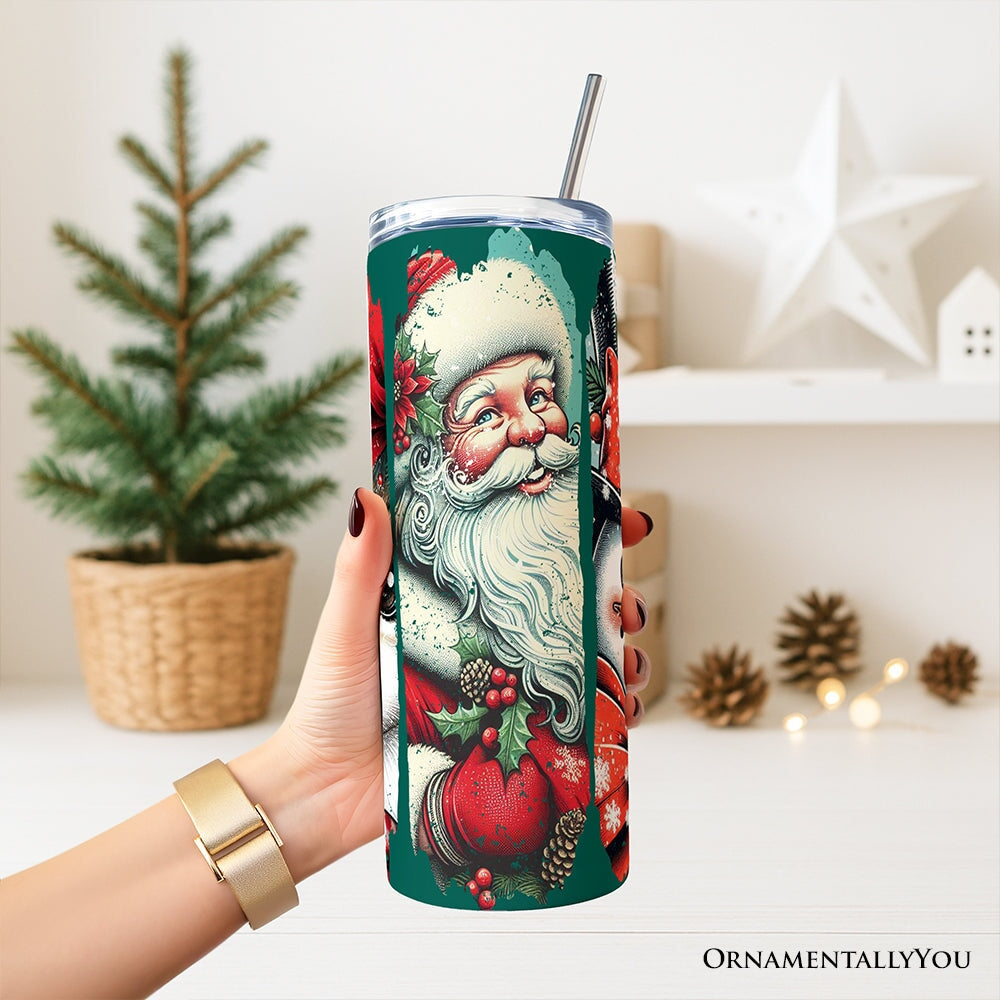 Vintage Tree, Reindeer, Santa and Snowman 20oz Personalized Tumbler With Lid and Stainless Steel Straw, Green Christmas Brushstrokes Gift Cup