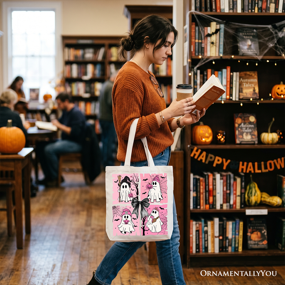 Pink Halloween Ghost Tote Bag, Coquette Spooky Season Gift for Girly Aesthetic