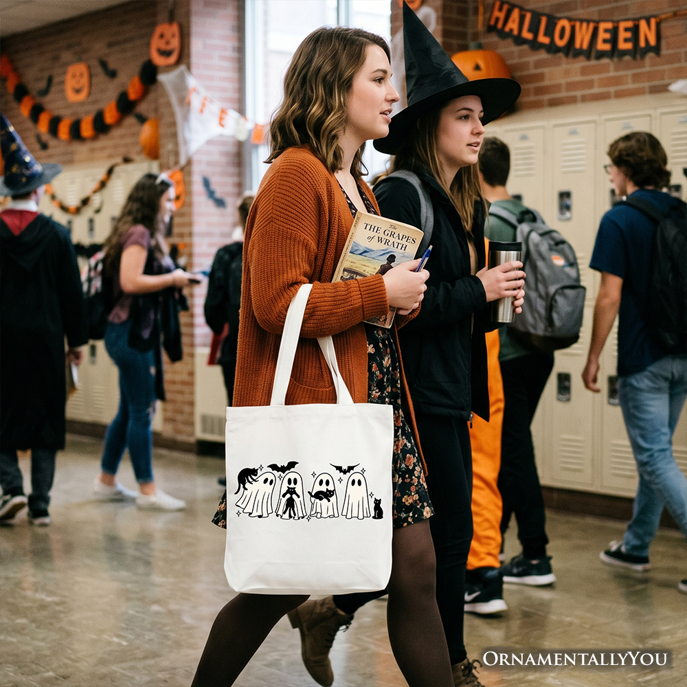 Cute Ghost Teacher Halloween Tote Bag, Retro Boo Spooky School Gift Shopper