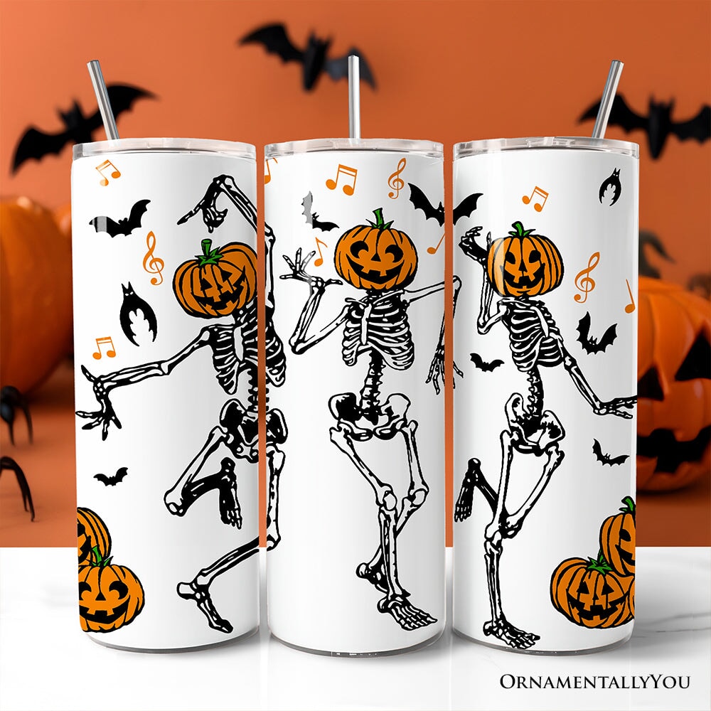 Dancing Skeletons with Pumpkin Head 20oz Personalized Tumbler With Lid and Stainless Steel Straw, Funny Dry Bones Come Alive Halloween Gift Cup
