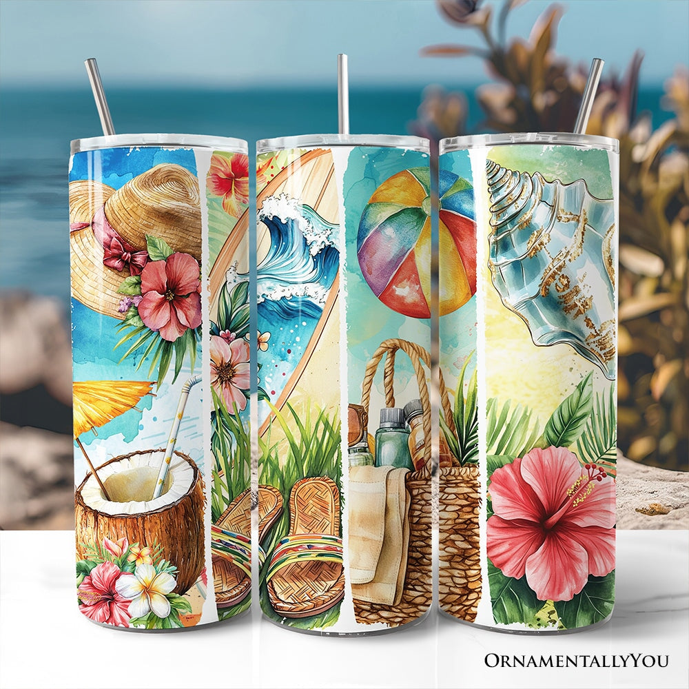 Summer Vibes 20oz Personalized Tumbler With Lid and Stainless Steel Straw, Brushstrokes Beach with Coconut and Flowers Gift Cup