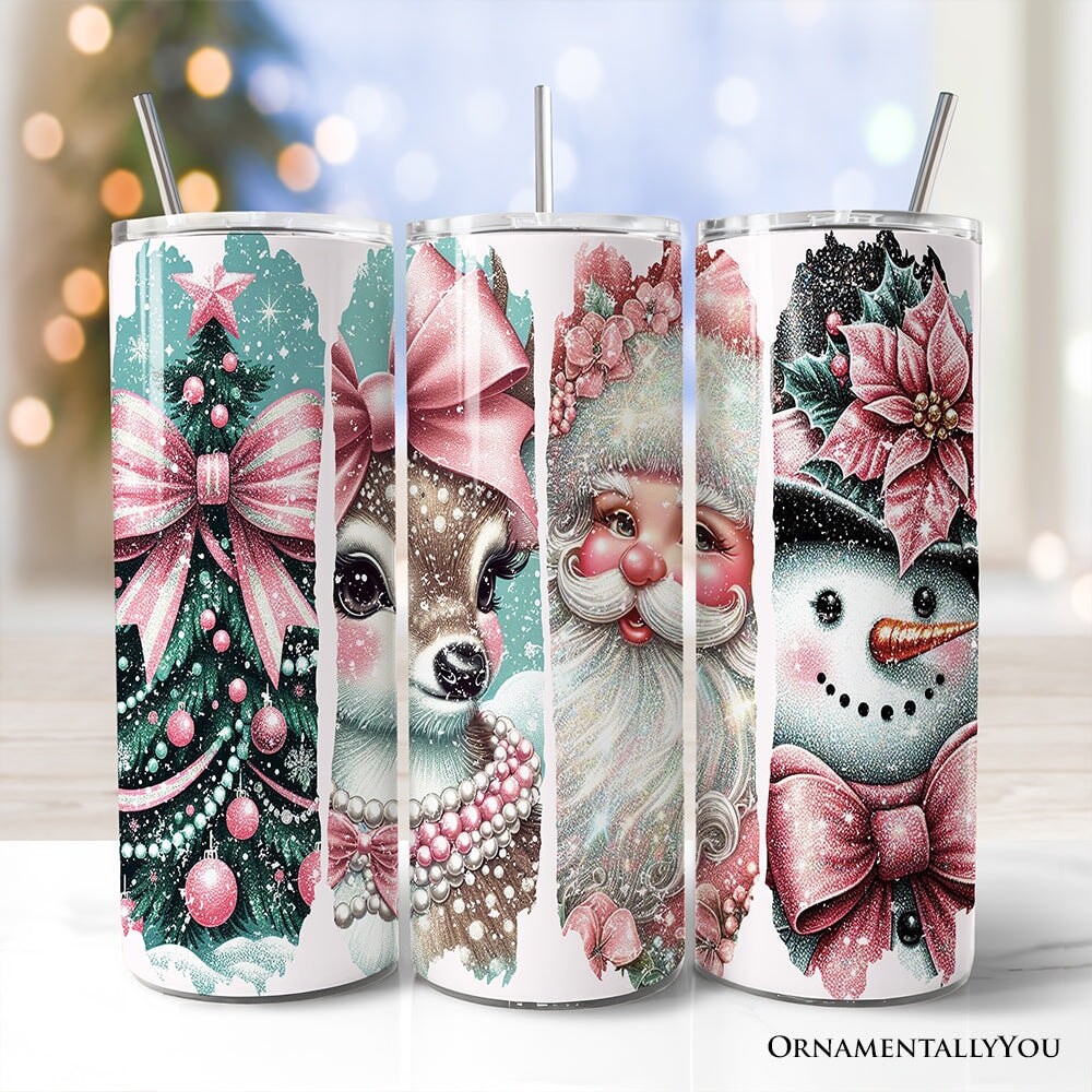 Vintage Tree, Reindeer, Santa and Snowman 20oz Personalized Tumbler With Lid and Stainless Steel Straw, Coquette Pink Christmas Gift Cup