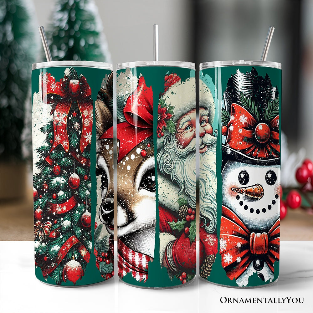 Vintage Tree, Reindeer, Santa and Snowman 20oz Personalized Tumbler With Lid and Stainless Steel Straw, Green Christmas Brushstrokes Gift Cup