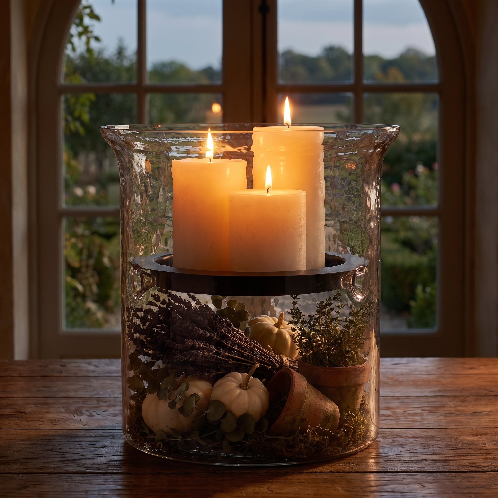 Hammered Glass Candle Holder with Decorative Metal Pan