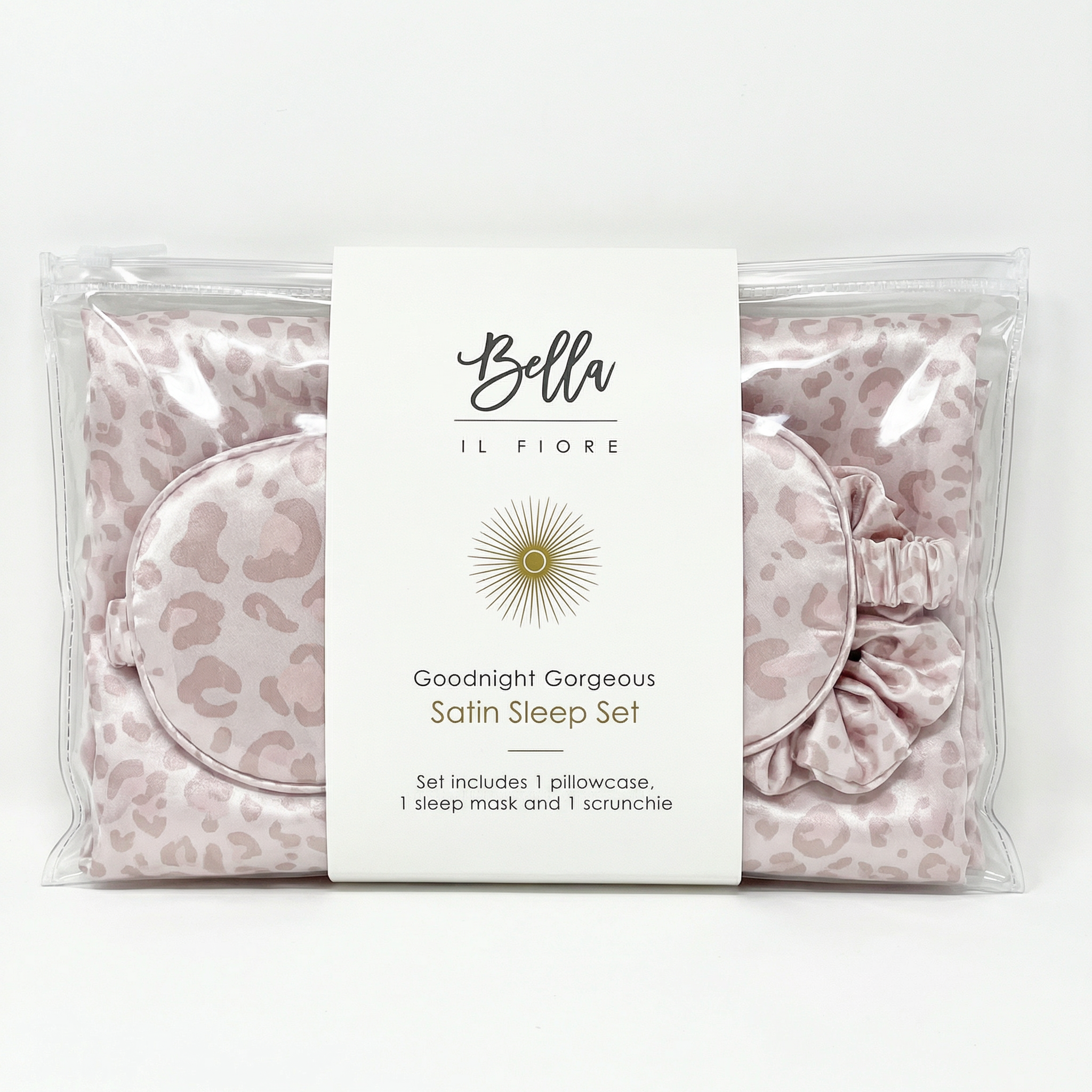 Giftable Leopard Goodnight Gorgeous Satin Sleep Set [Includes Pillowcase, Sleep Mask + Scrunchie]