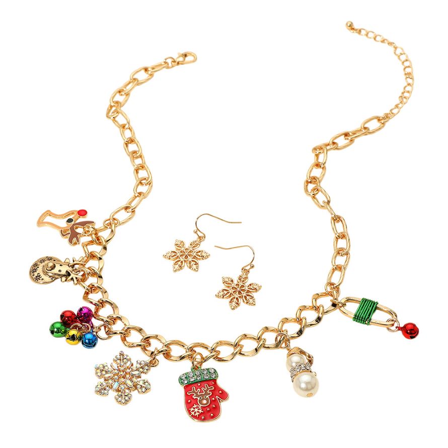 Christmas Mitten Reindeer Pearl Snowflake Charm Station Necklace