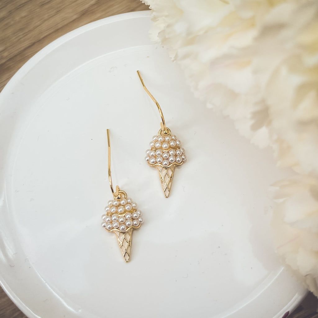 Adorable Dainty Pearl Ice Cream Cone Earrings