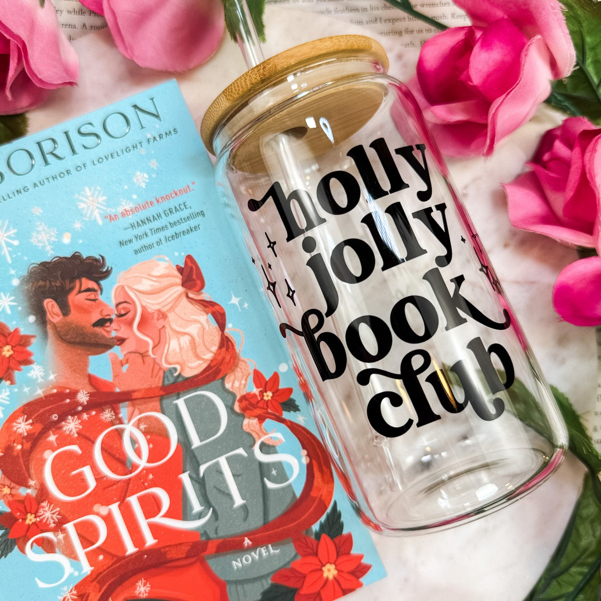 Holly Jolly Book Club Clear Glass Cup with Bamboo Lid & Straw