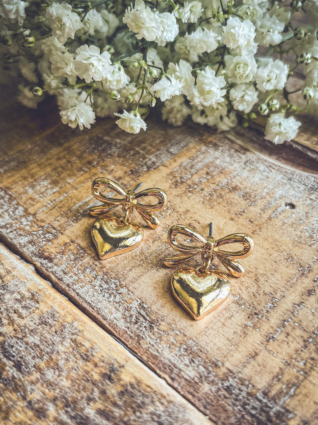 Beautiful Gold Heart Bow Earrings