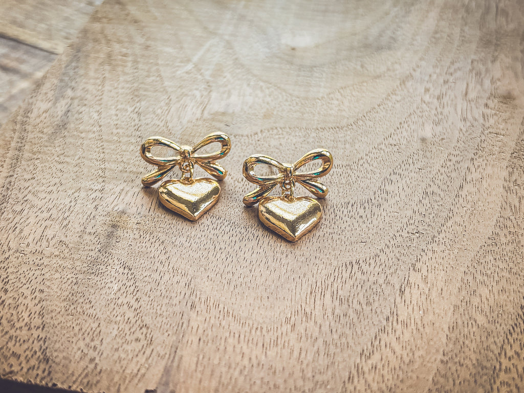 Beautiful Gold Heart Bow Earrings