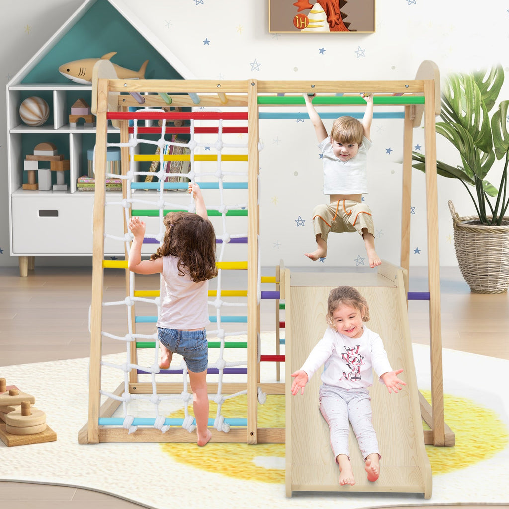 6-in-1 Indoor Jungle Gym Kids Wooden Playground with Monkey Bars