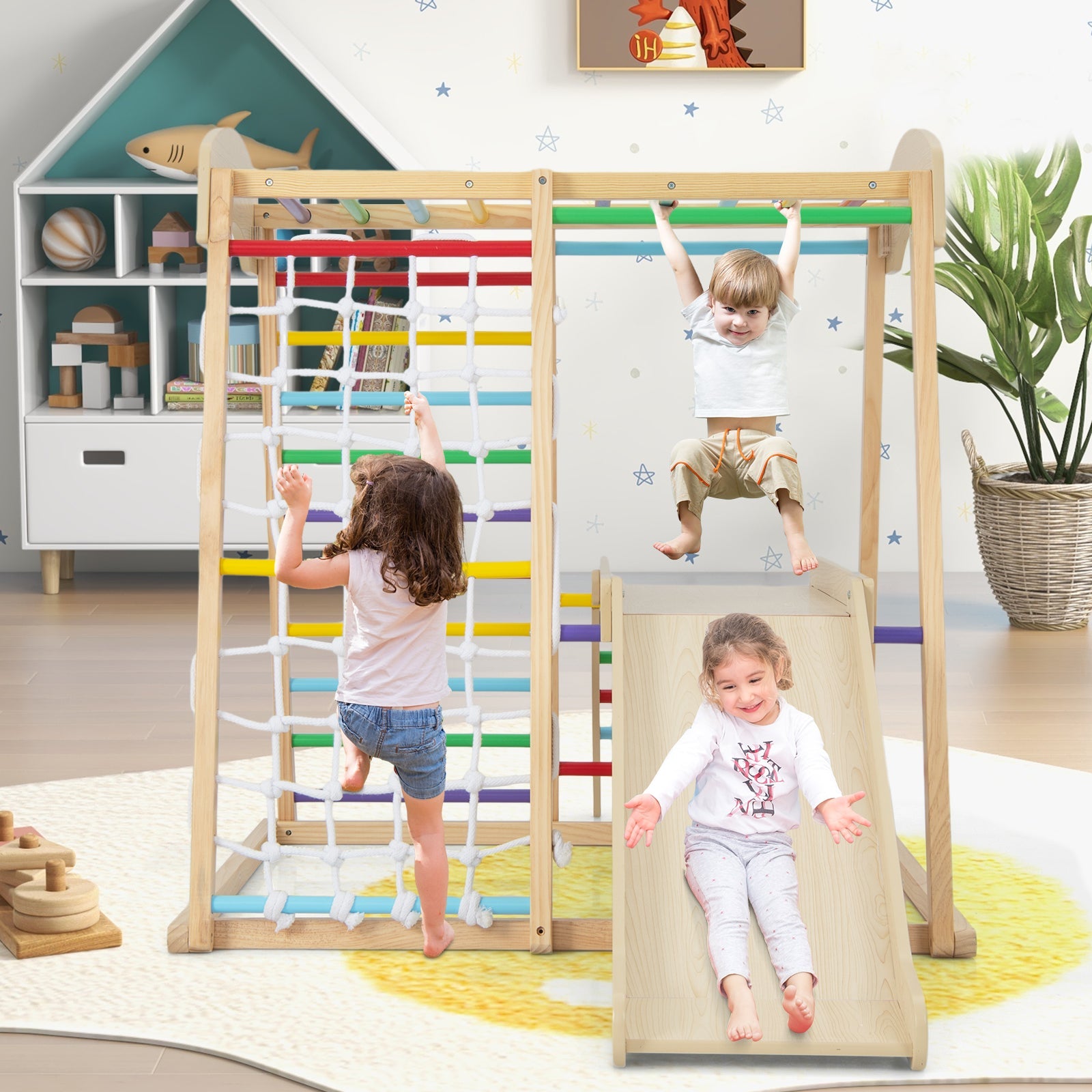 6-in-1 Indoor Jungle Gym Kids Wooden Playground with Monkey Bars