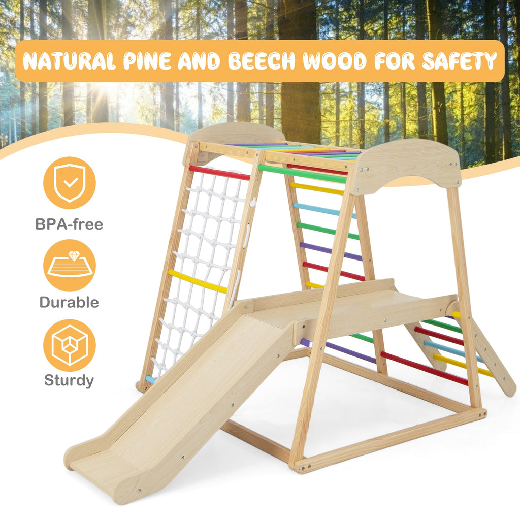6-in-1 Indoor Jungle Gym Kids Wooden Playground with Monkey Bars