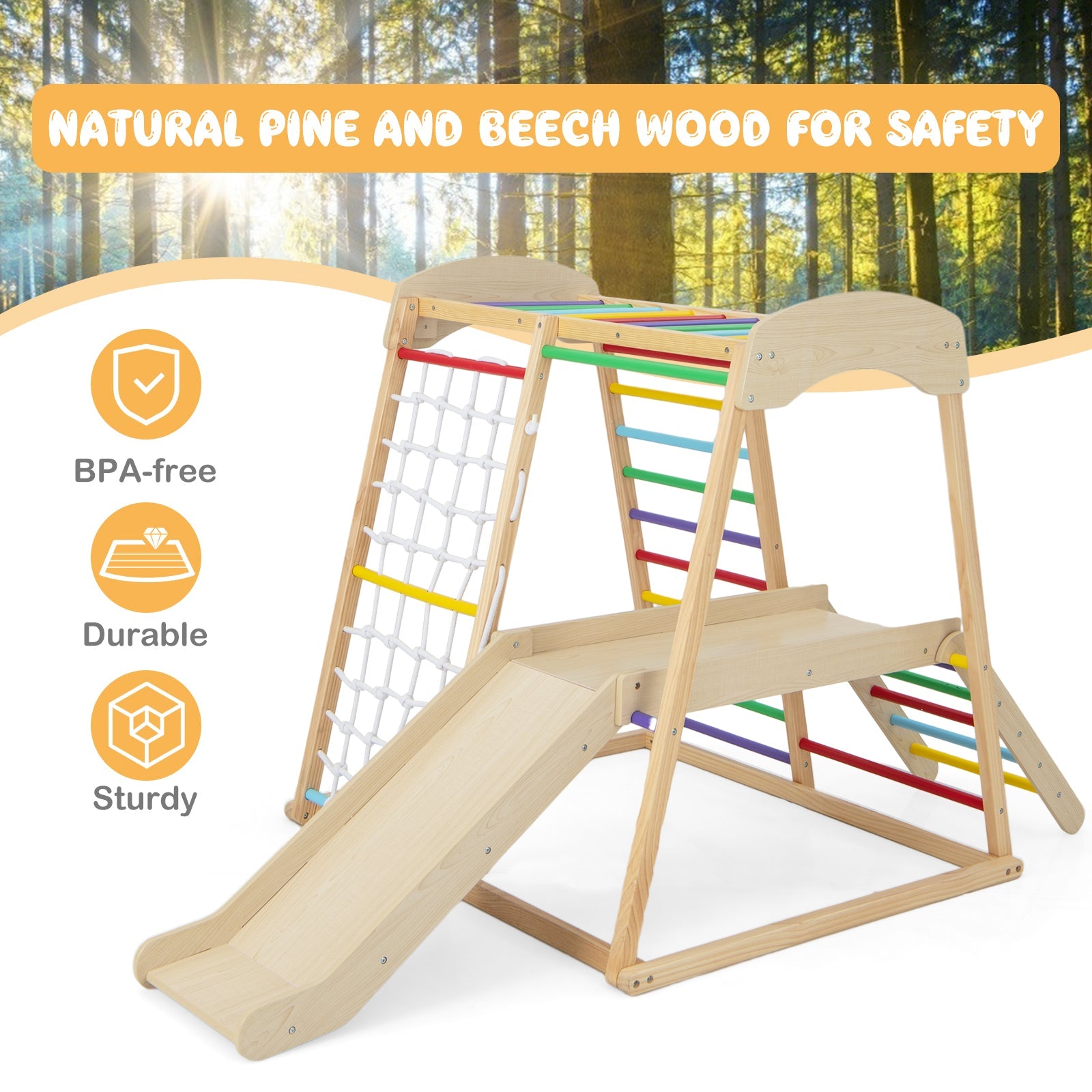 6-in-1 Indoor Jungle Gym Kids Wooden Playground with Monkey Bars