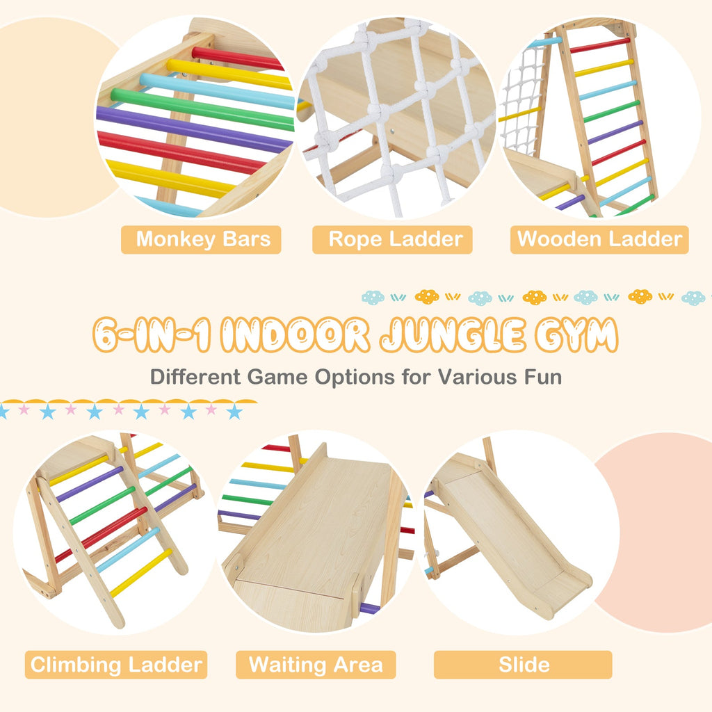 6-in-1 Indoor Jungle Gym Kids Wooden Playground with Monkey Bars