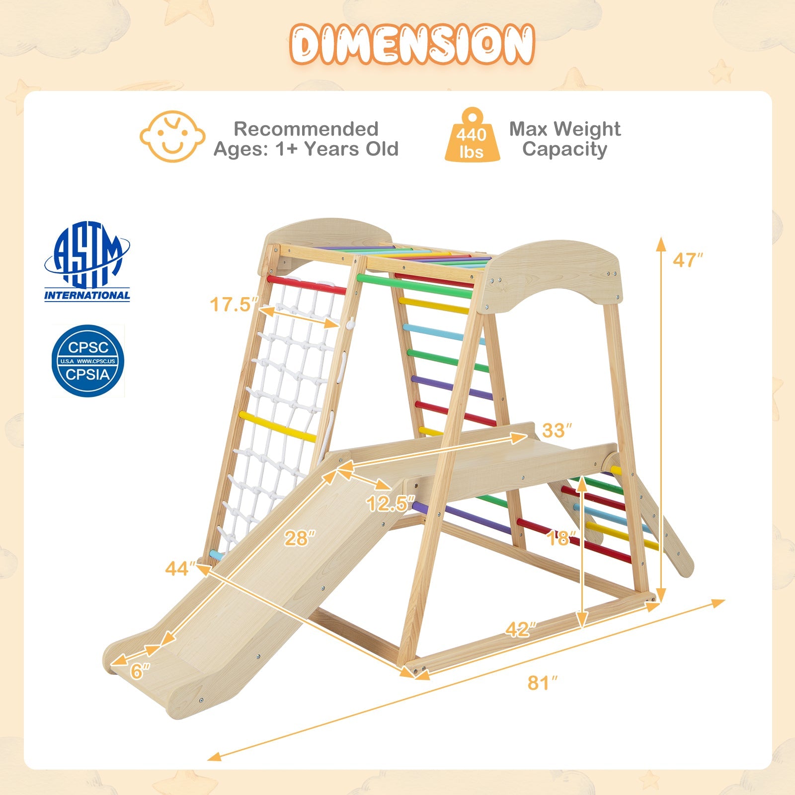 6-in-1 Indoor Jungle Gym Kids Wooden Playground with Monkey Bars
