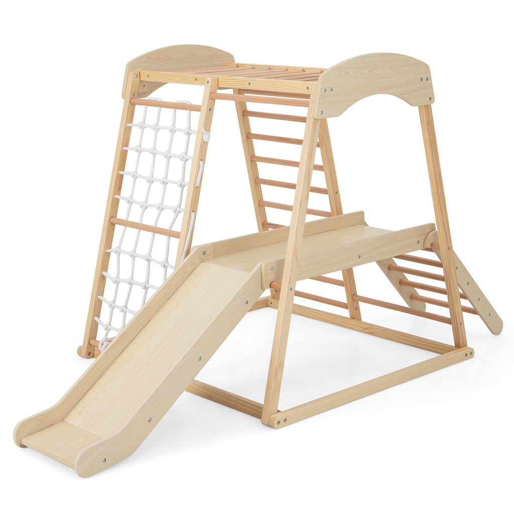 6-in-1 Indoor Jungle Gym Kids Wooden Playground with Monkey Bars