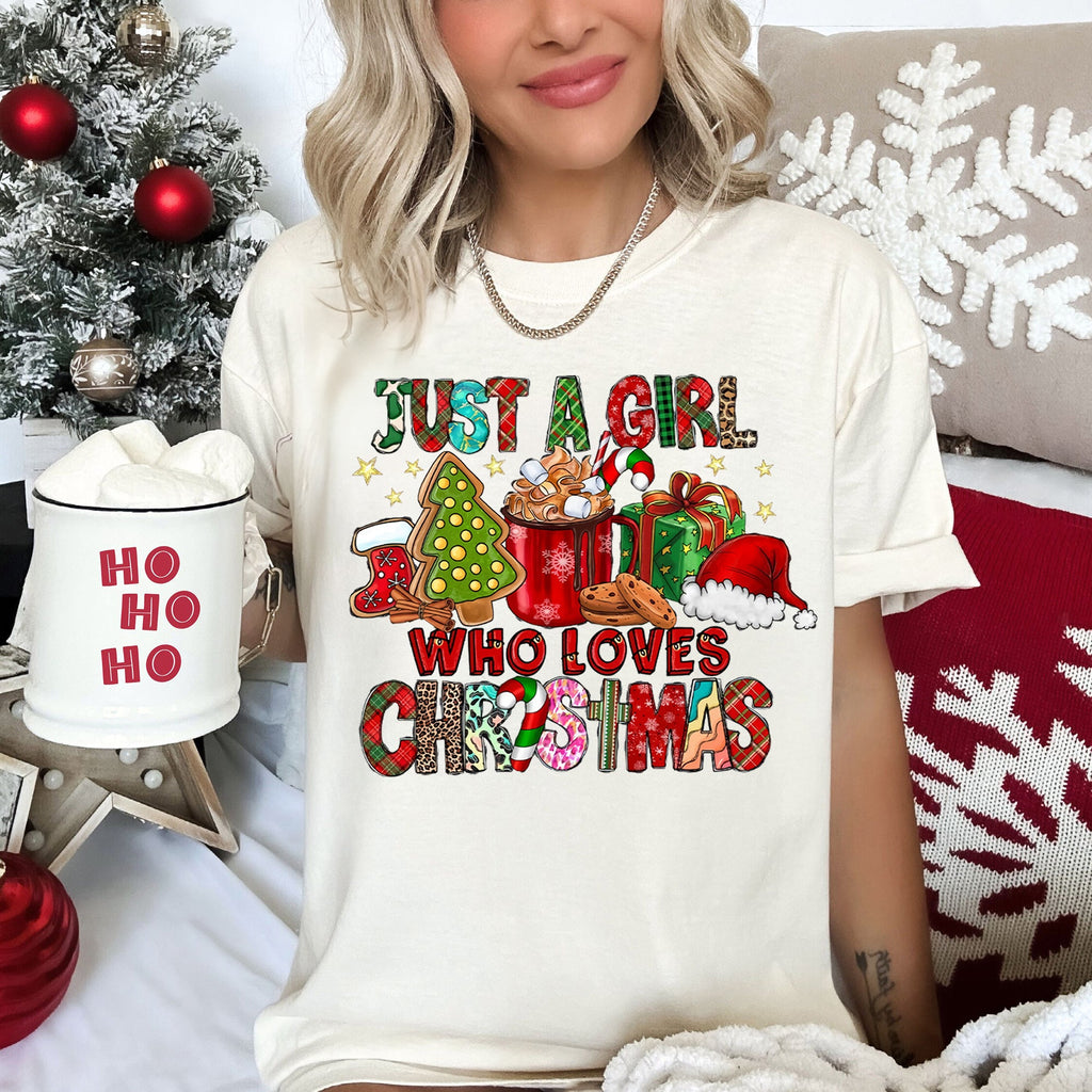Just A Girl Who Loves Christmas Santa Hot Chocolate Coffee And Cozy Fireside Moments Comfort Colors Tee