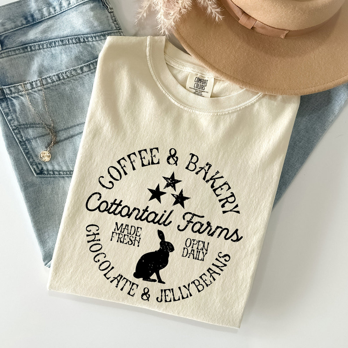 Cottontail Farms Coffee And Bakery Retro Sign Easter Classic Vintage Comfort Colors Tee