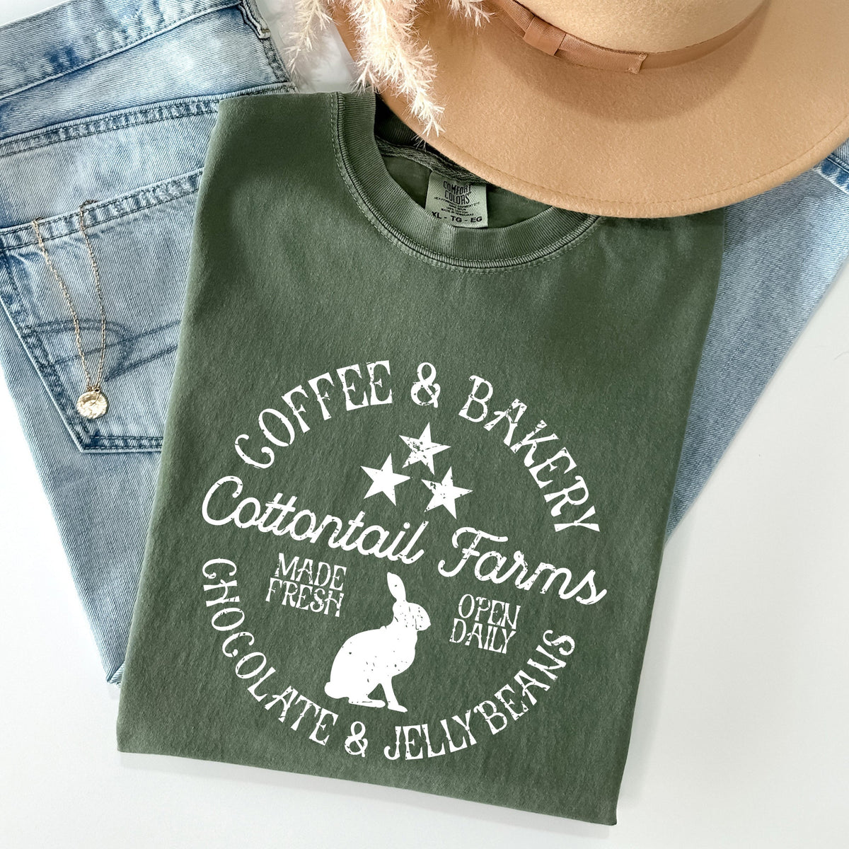 Cottontail Farms Coffee And Bakery Retro Sign Easter Classic Vintage Comfort Colors Tee