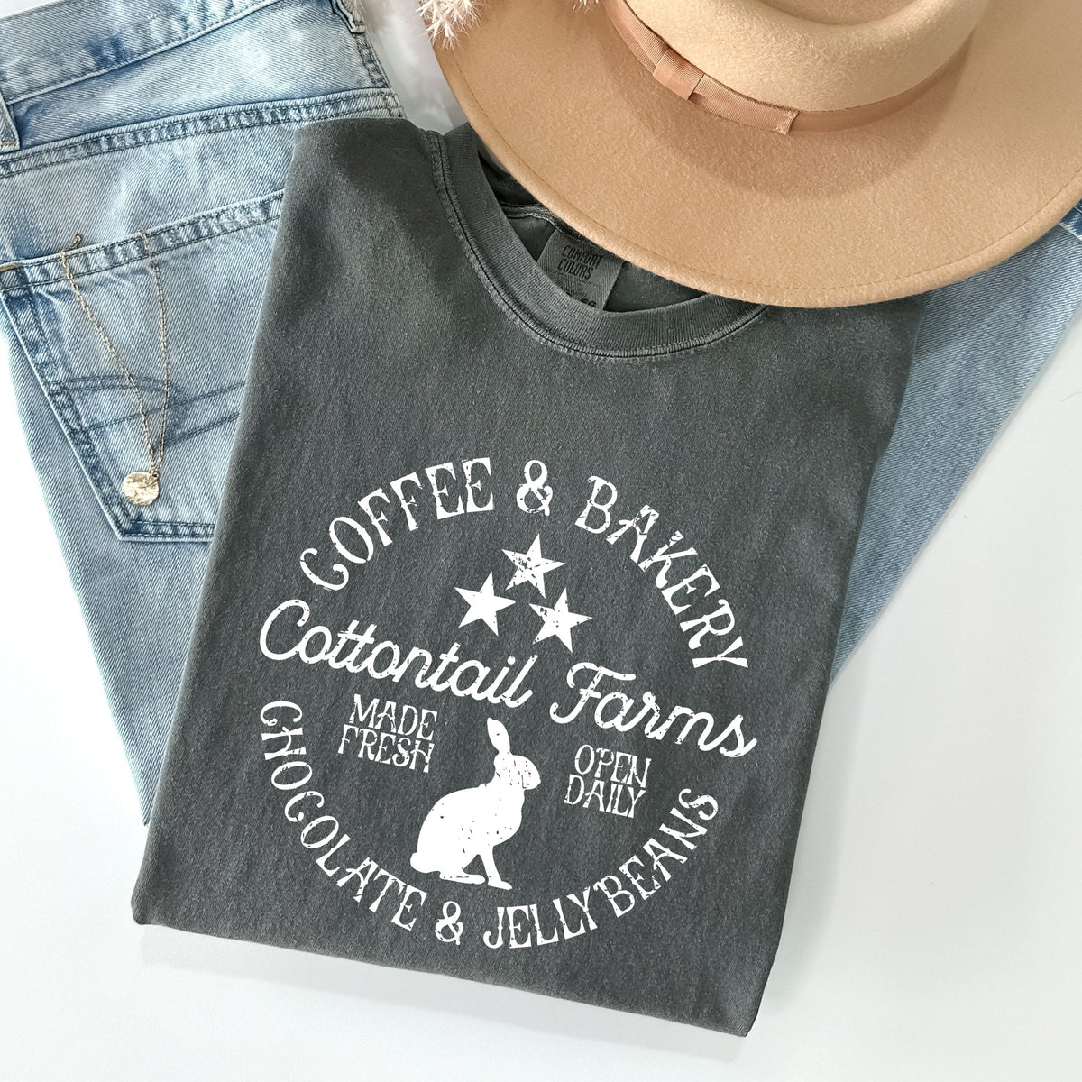Cottontail Farms Coffee And Bakery Retro Sign Easter Classic Vintage Comfort Colors Tee