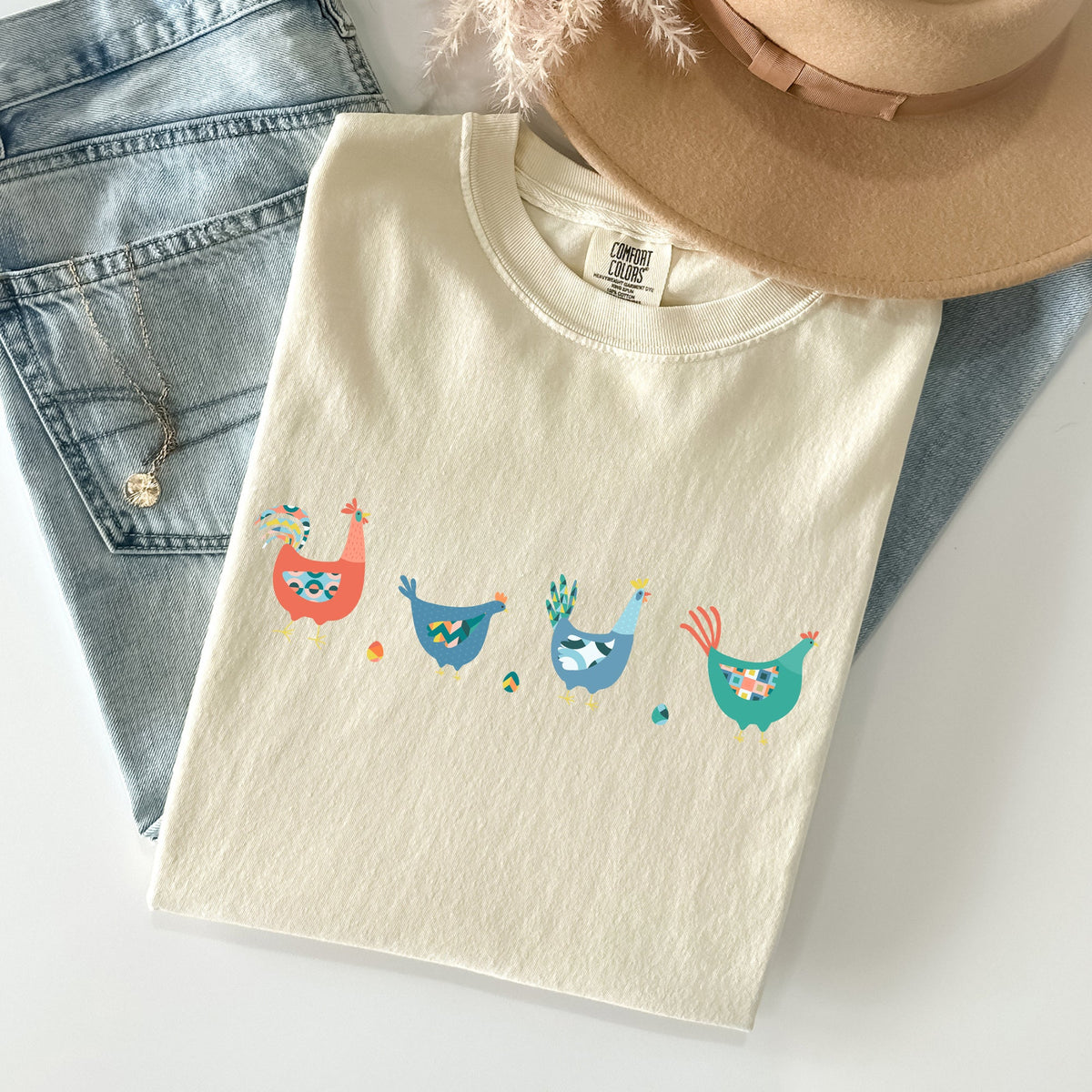 Easter Chickens and Eggs Springtime Vintage Colorful Theme Seasonal Comfort Colors Tee