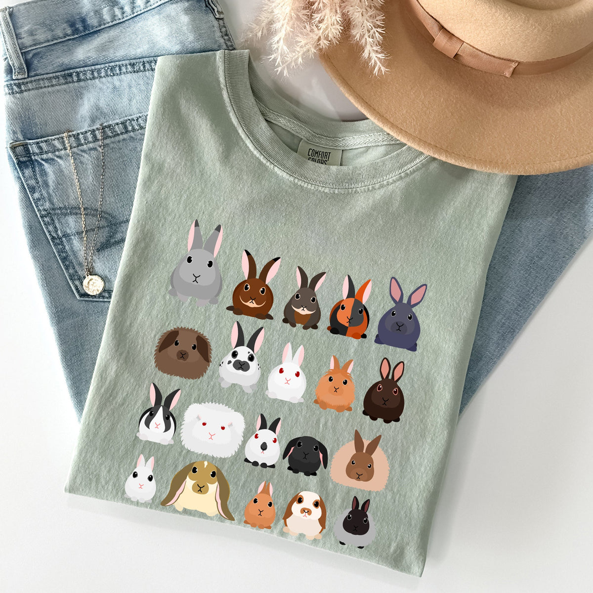 Colorful Rabbit Breeds In A Row Easter Celebration With Vintage Inspired Artwork For Spring Comfort Colors Tee