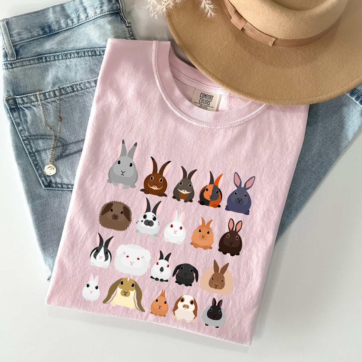 Colorful Rabbit Breeds In A Row Easter Celebration With Vintage Inspired Artwork For Spring Comfort Colors Tee