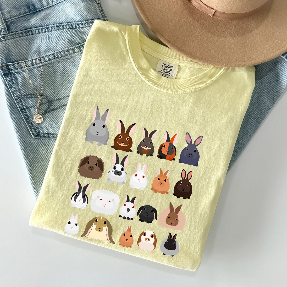 Colorful Rabbit Breeds In A Row Easter Celebration With Vintage Inspired Artwork For Spring Comfort Colors Tee