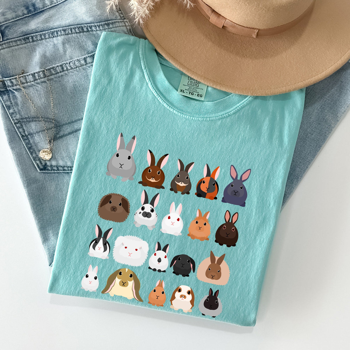 Colorful Rabbit Breeds In A Row Easter Celebration With Vintage Inspired Artwork For Spring Comfort Colors Tee
