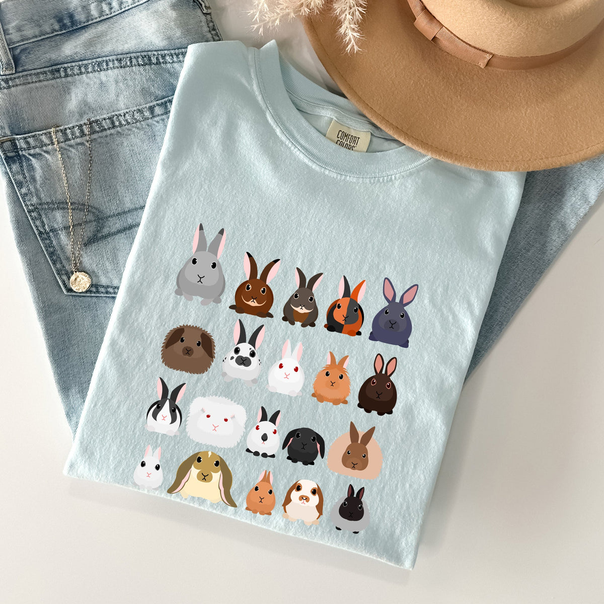 Colorful Rabbit Breeds In A Row Easter Celebration With Vintage Inspired Artwork For Spring Comfort Colors Tee
