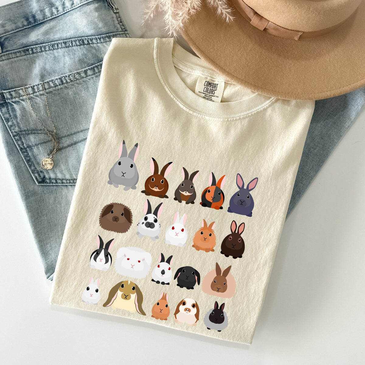 Colorful Rabbit Breeds In A Row Easter Celebration With Vintage Inspired Artwork For Spring Comfort Colors Tee