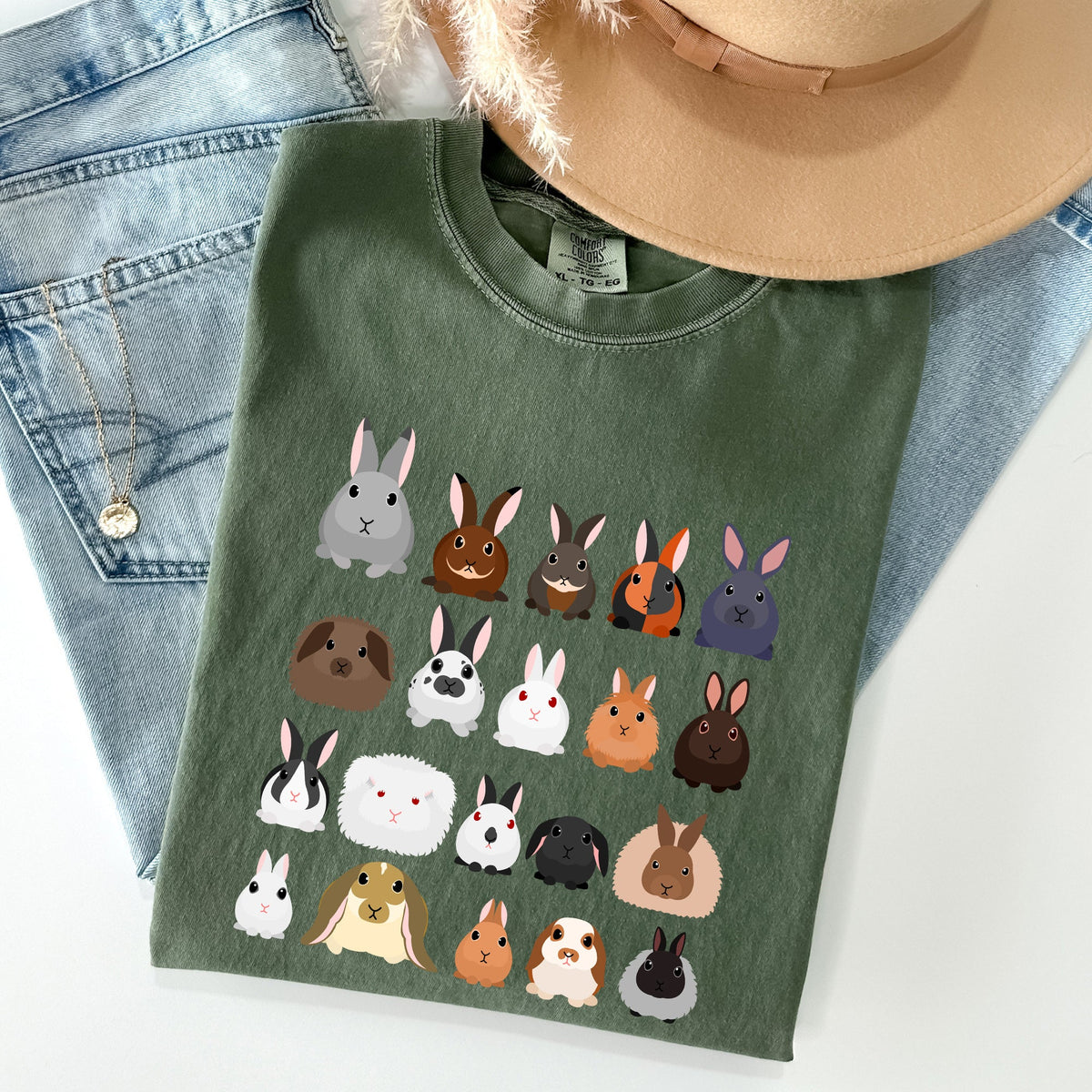 Colorful Rabbit Breeds In A Row Easter Celebration With Vintage Inspired Artwork For Spring Comfort Colors Tee