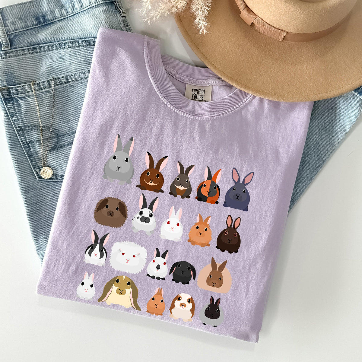 Colorful Rabbit Breeds In A Row Easter Celebration With Vintage Inspired Artwork For Spring Comfort Colors Tee