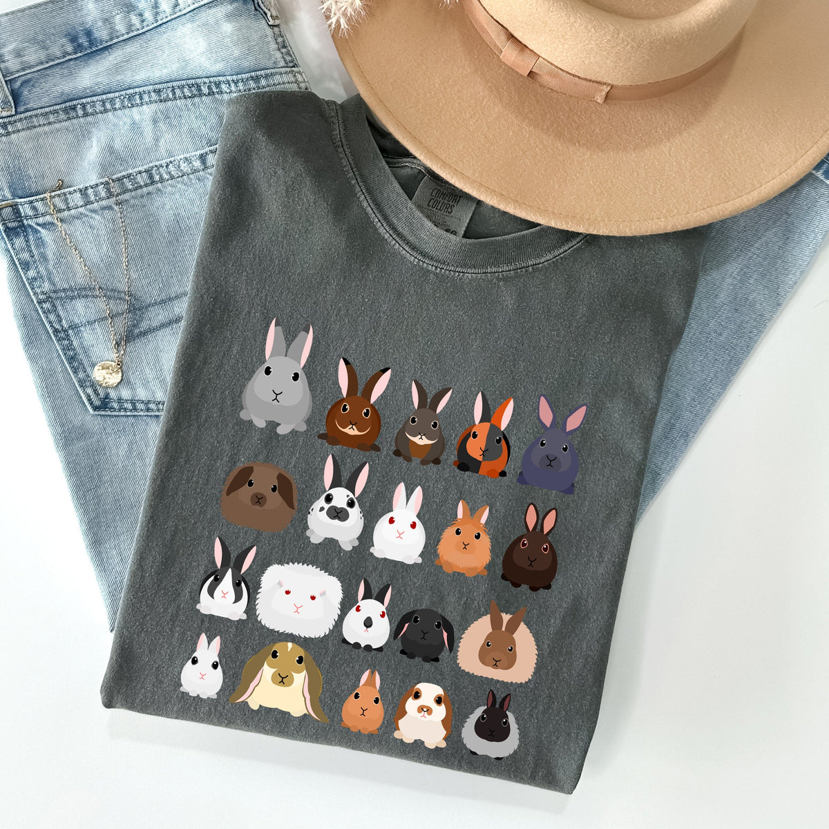 Colorful Rabbit Breeds In A Row Easter Celebration With Vintage Inspired Artwork For Spring Comfort Colors Tee