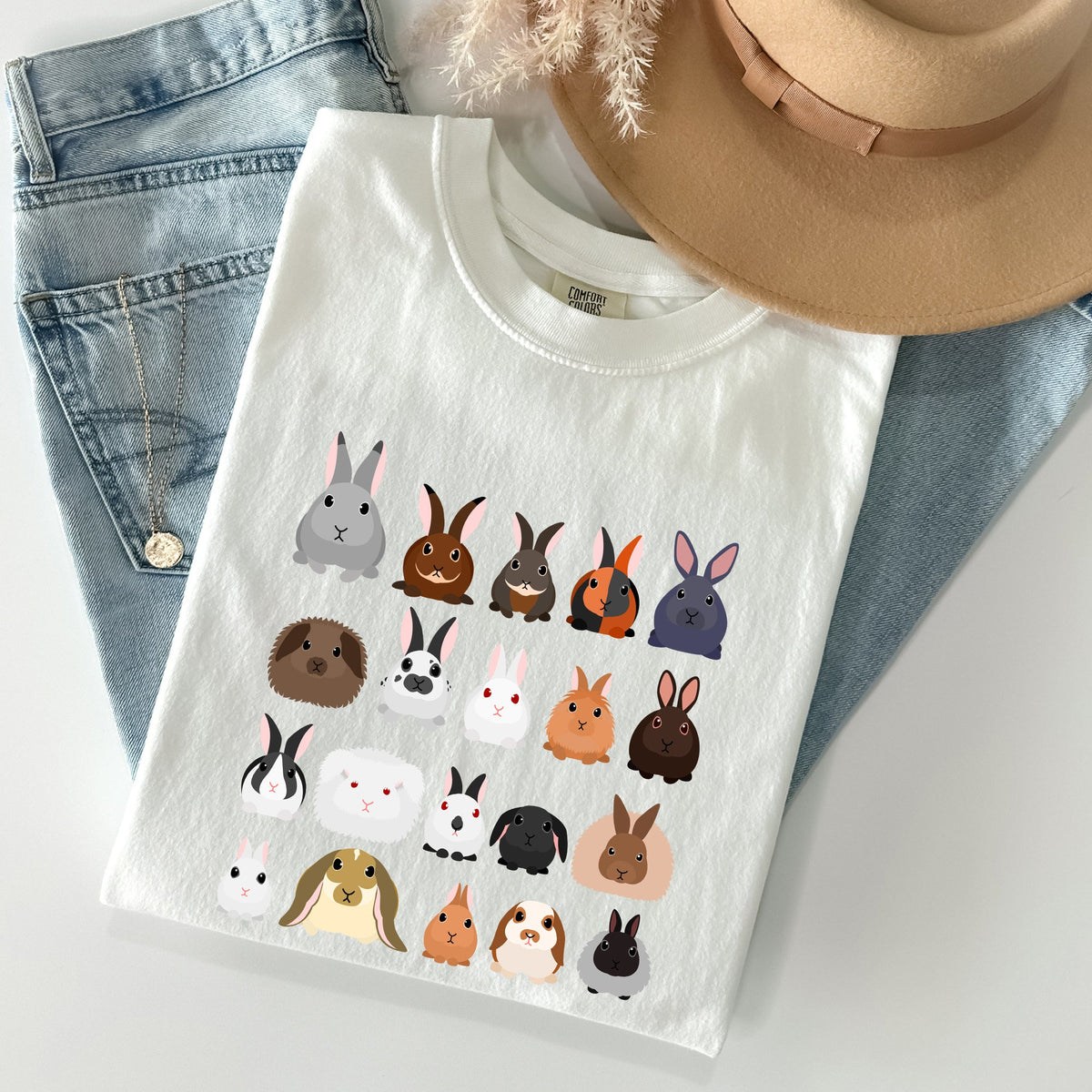 Colorful Rabbit Breeds In A Row Easter Celebration With Vintage Inspired Artwork For Spring Comfort Colors Tee
