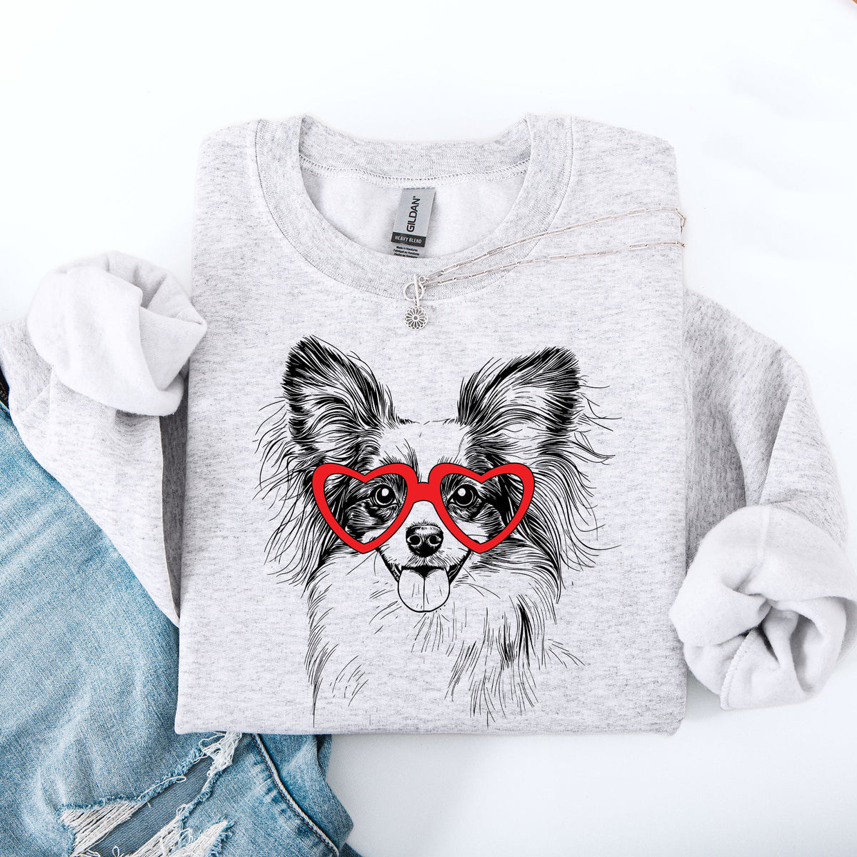 Papillon Proud Pet Lover Valentine's Day Paw Print Heartbeat Graphic Cozy Sweatshirt