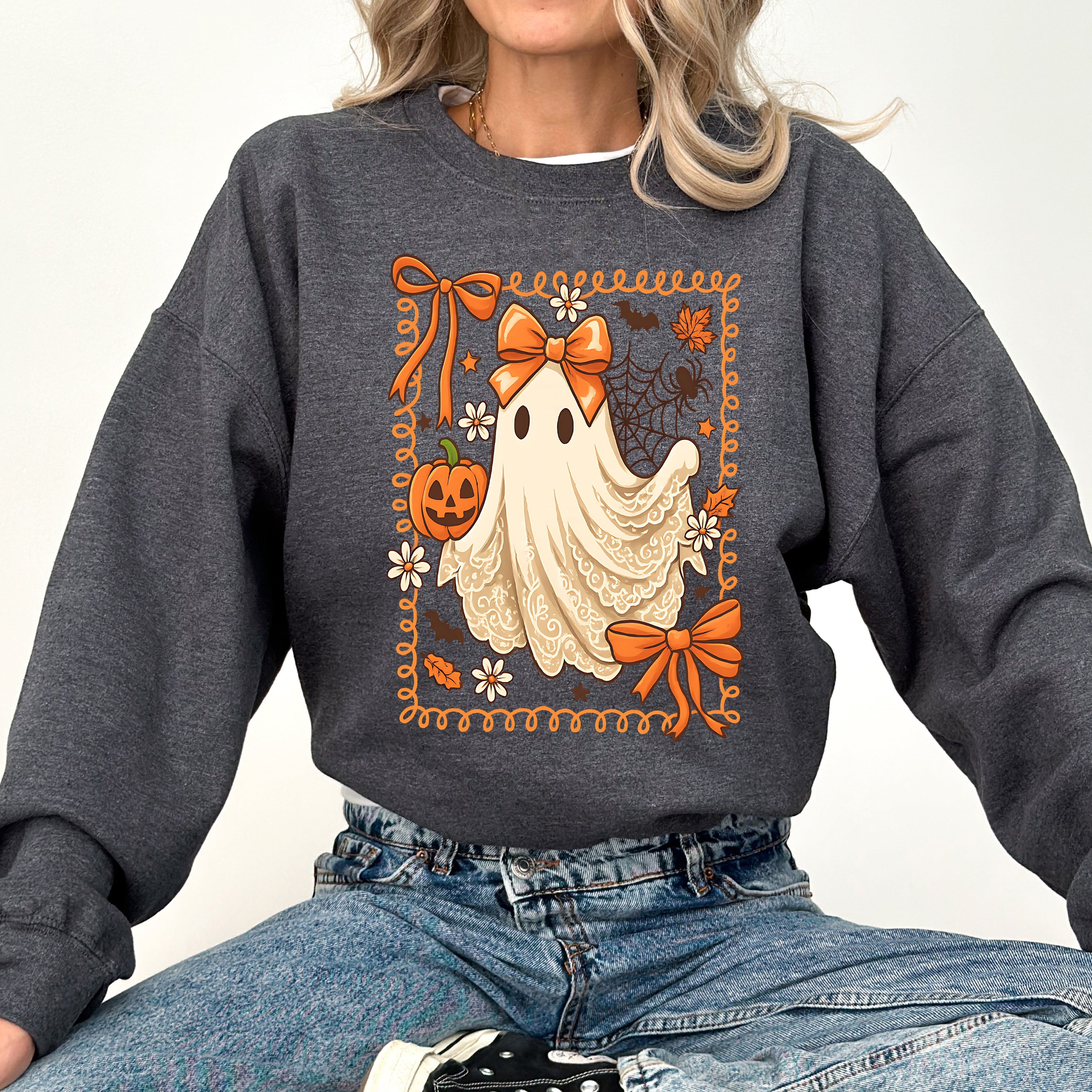 Coquette Ghost Bow Lace Pumpkin Halloween Retro Vintage Spooky Costume Fall Graphic Sweatshirt
