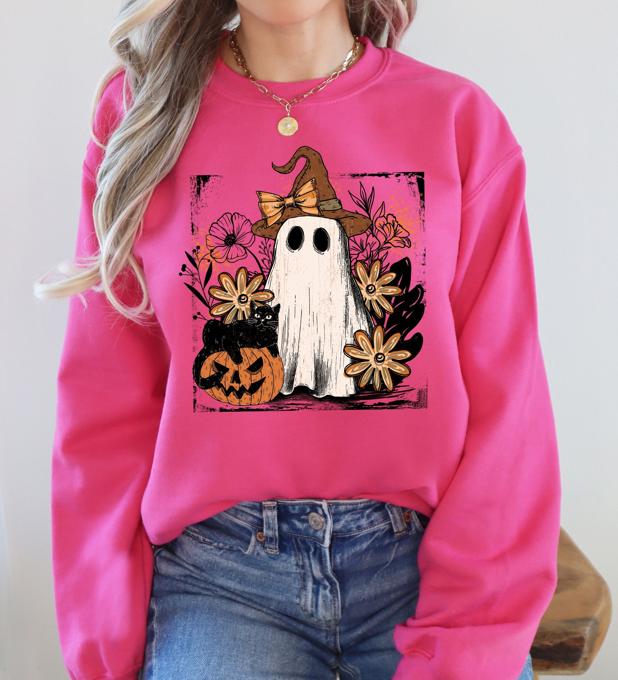 Pink Neon Ghost Witch Bow Pumpkin Floral Coquette Retro Halloween Graphic Sweatshirt