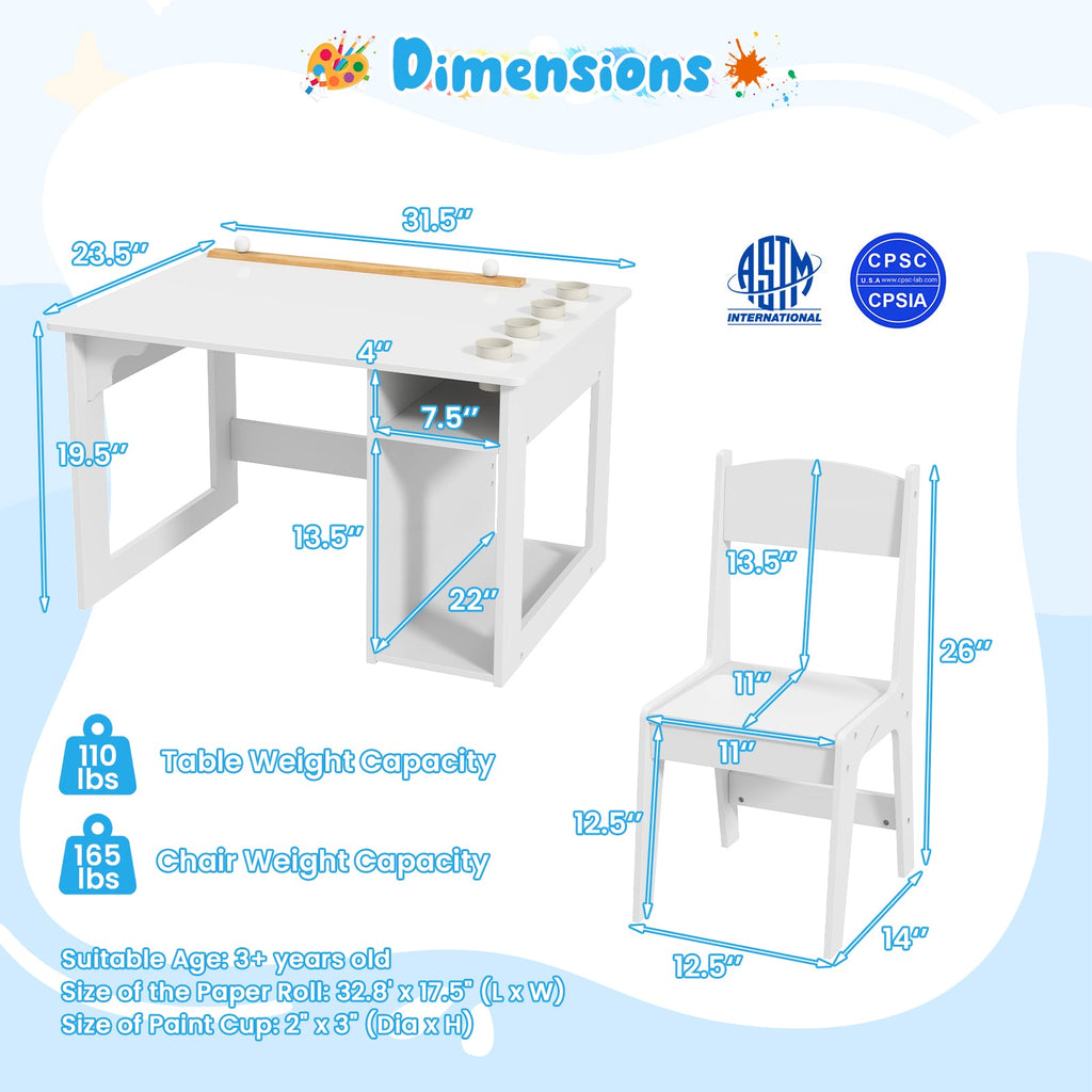 Kids Art Table and Chair Set Toddler Craft Drawing Desk-White