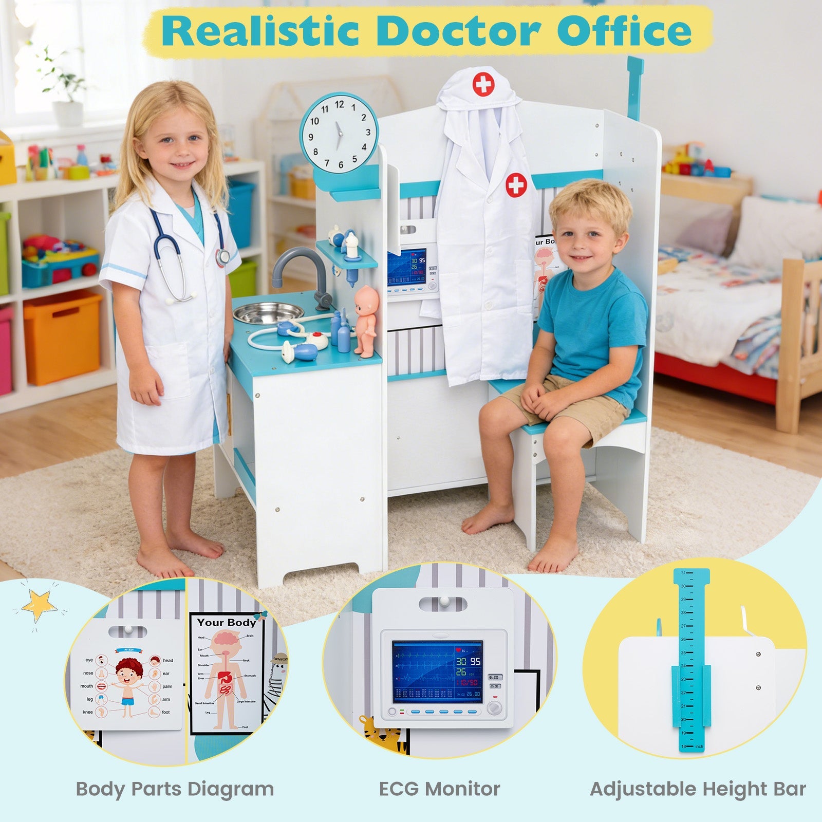 Kids Doctor Play Set with Adjustable Height Bar