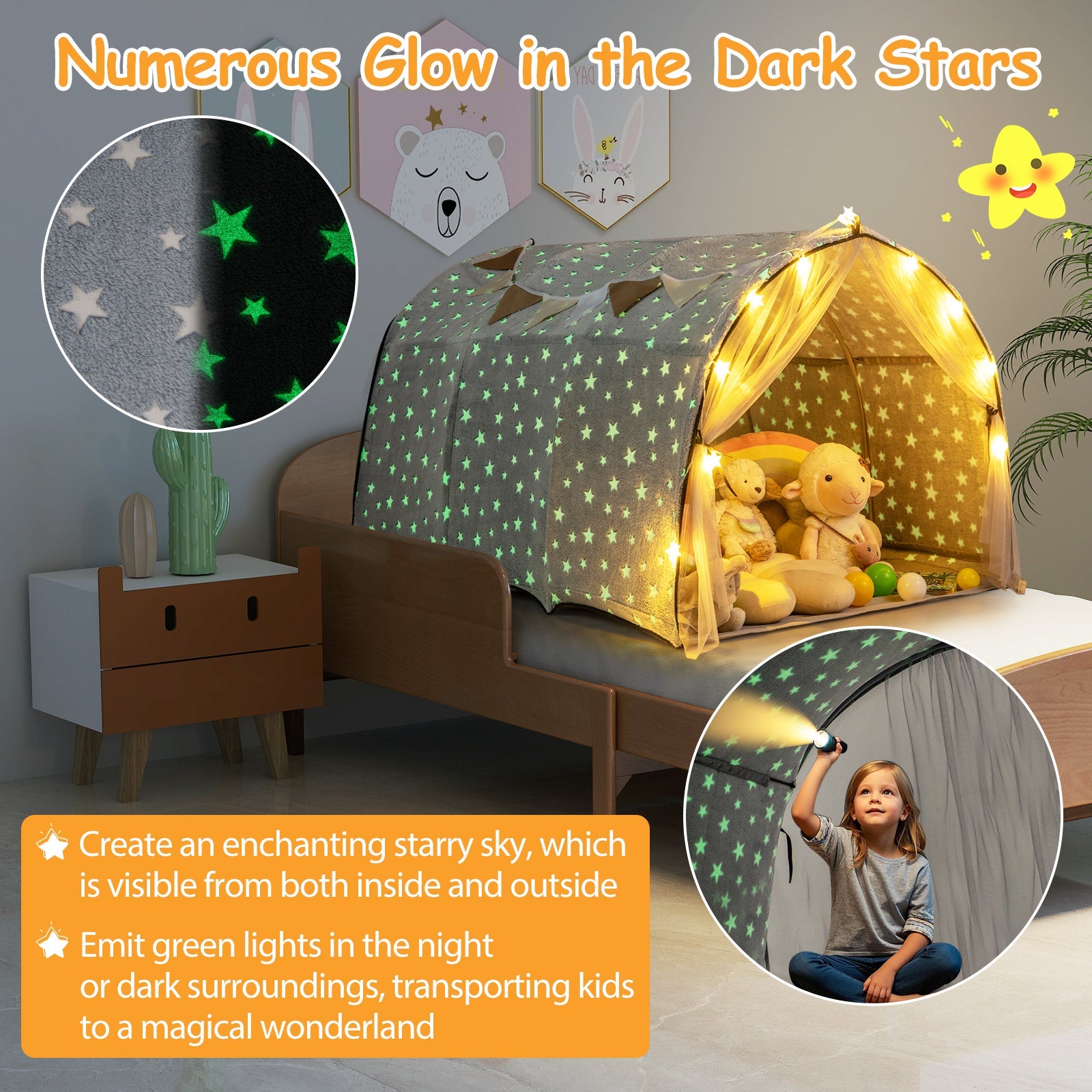 Kids Dream Bed Tent Twin Bunk Bed with Glow in the Dark Stars and Lights-Gray