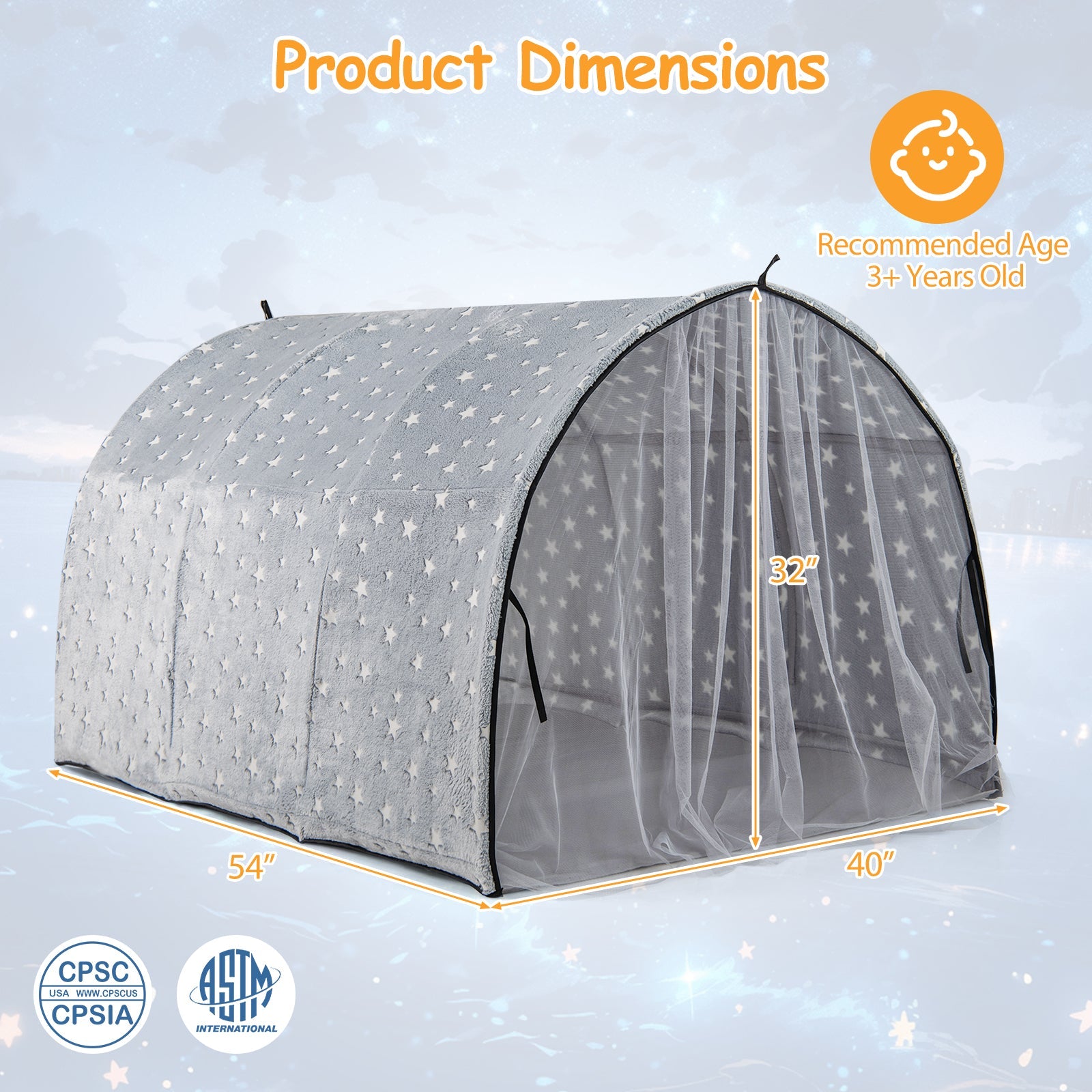 Kids Dream Bed Tent Twin Bunk Bed with Glow in the Dark Stars and Lights-Gray