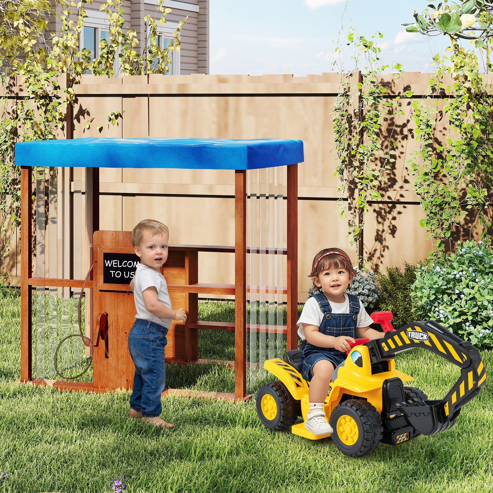 Kids Gas Station Playhouse with Gas Refueling Guns for Aged 3+-Brown