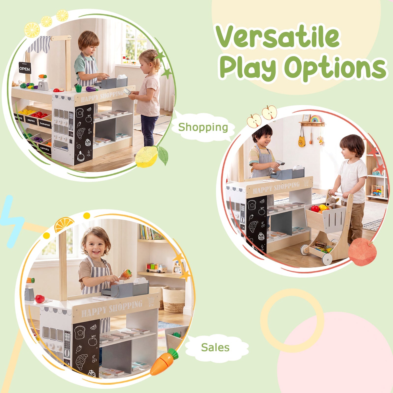 Kids Grocery Store Playset Wooden Pretend Play Supermarket with Shopping Cart